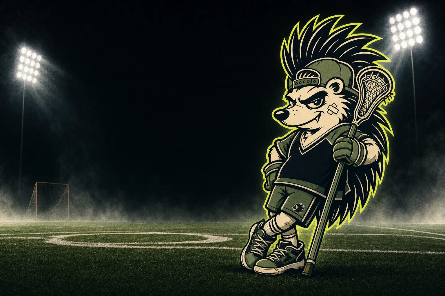 Chog the hedgehog leaning on a D-pole at midfield under stadium lights
